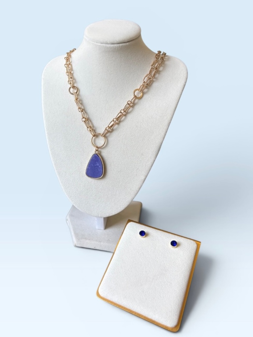 New Goldtone Double Chain Necklace with a Faux Lapis Pendant by Plunder Design - Picture 3 of 8